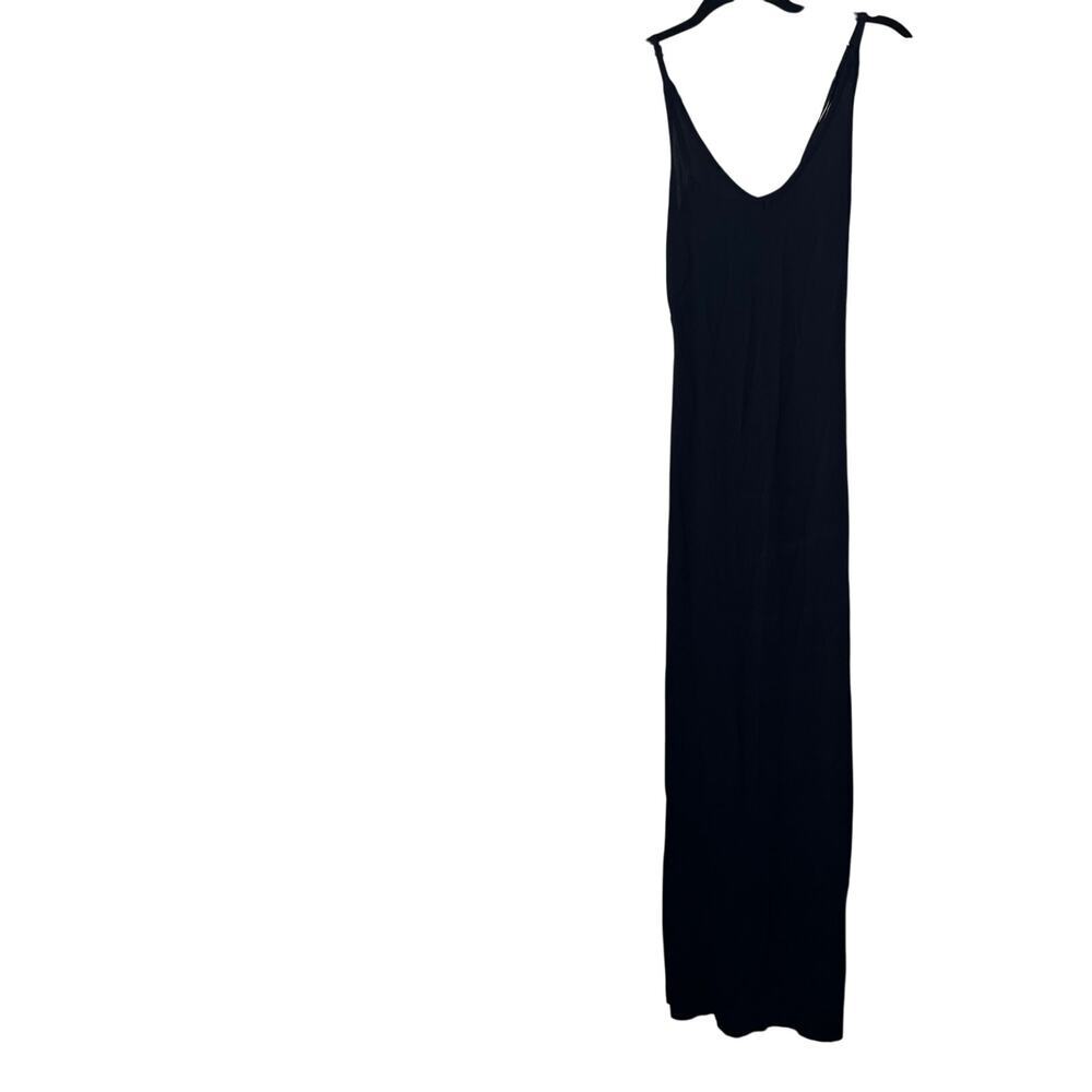 DISSH V Neck Fitted Cami Slip Maxi Dress with Back Slit in Black Semi Sheer